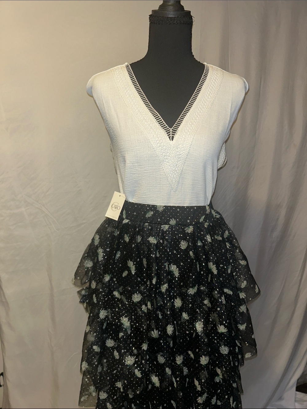 Cato Black Floral Tiered Ruffle Skirt